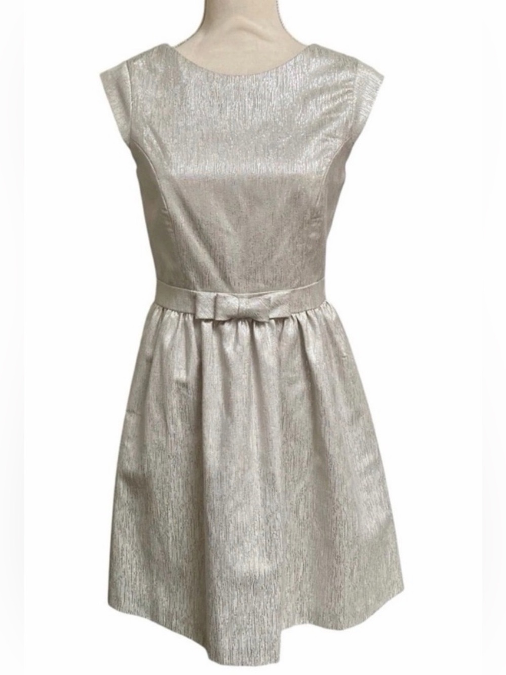 Cynthia Steffe NWT Silver Metallic Fit Flare Dress 4 Bow Pockets Holiday